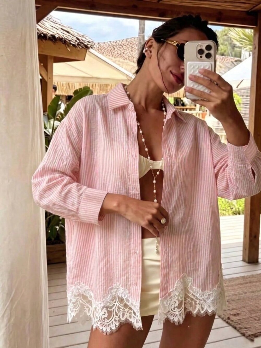 Pink Casual Women's Loose Striped Lace lace detailed Blouse Shirt - Picture 2 of 3